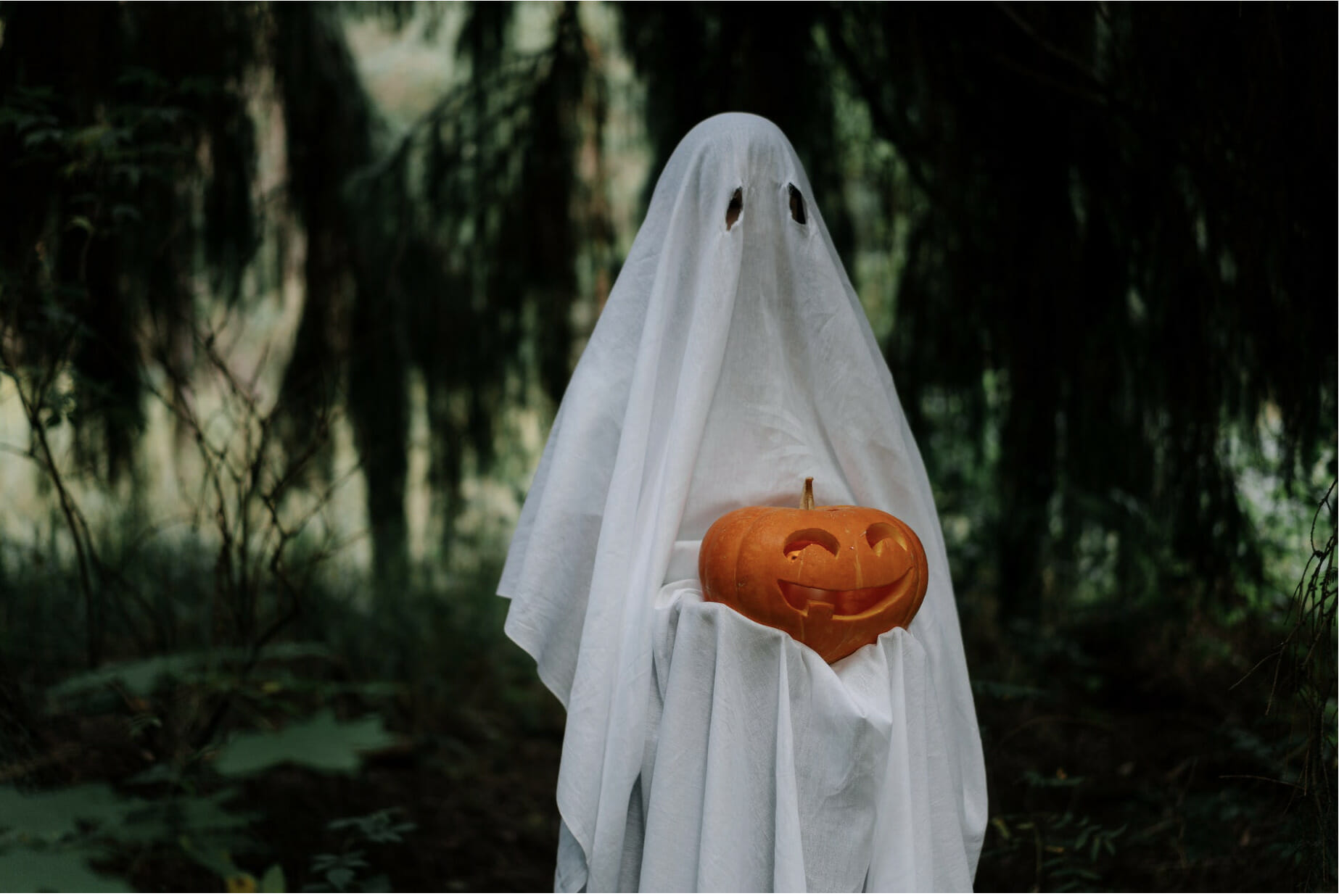 a person in ghost cotume holding a jack o' lantern