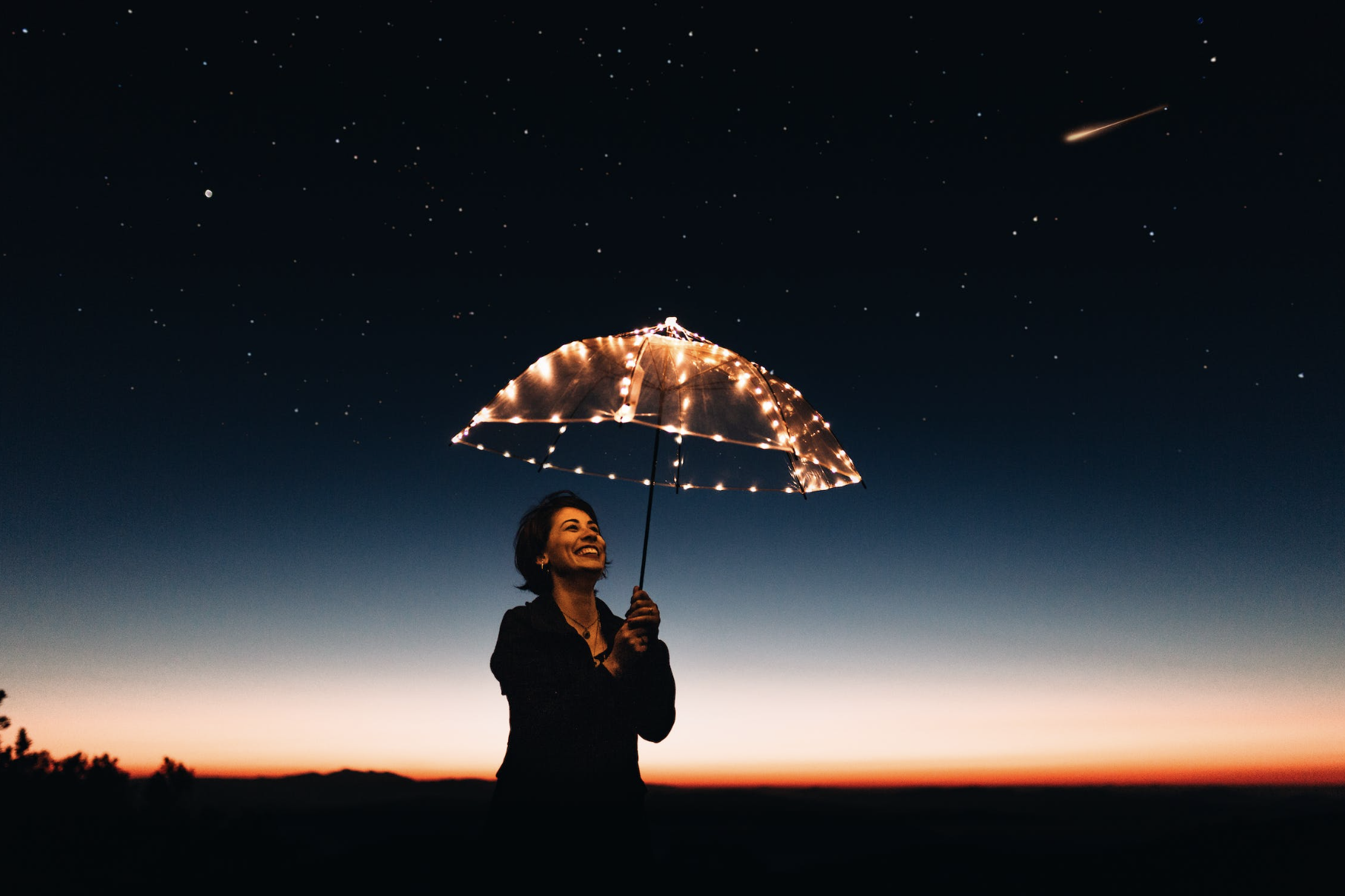 woman holding an umbrella with lights