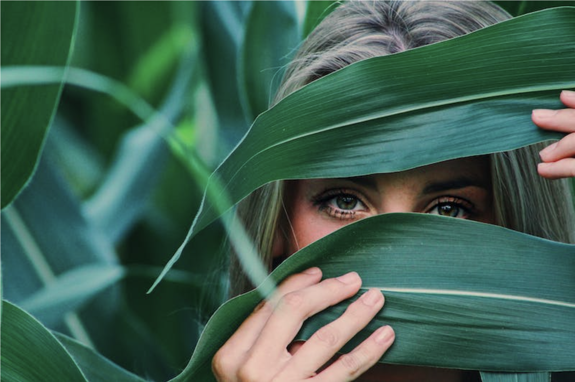 woman peeking through leaves